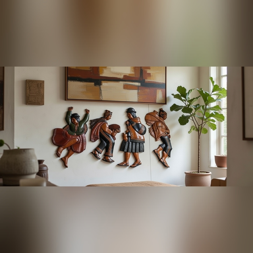Vintage 1970s Andean Folk Art Large Wooden Wall Panel 25-36" Carved Relief